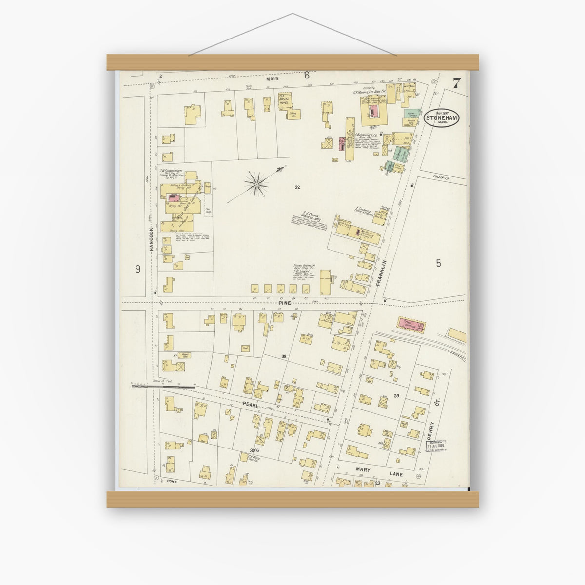 Old map wall art mockup — magnetic wood frame on white wall — Sanborn Fire Insurance Map from Stoneham, Middlesex County, Massachusetts (1897), Sheet #0007