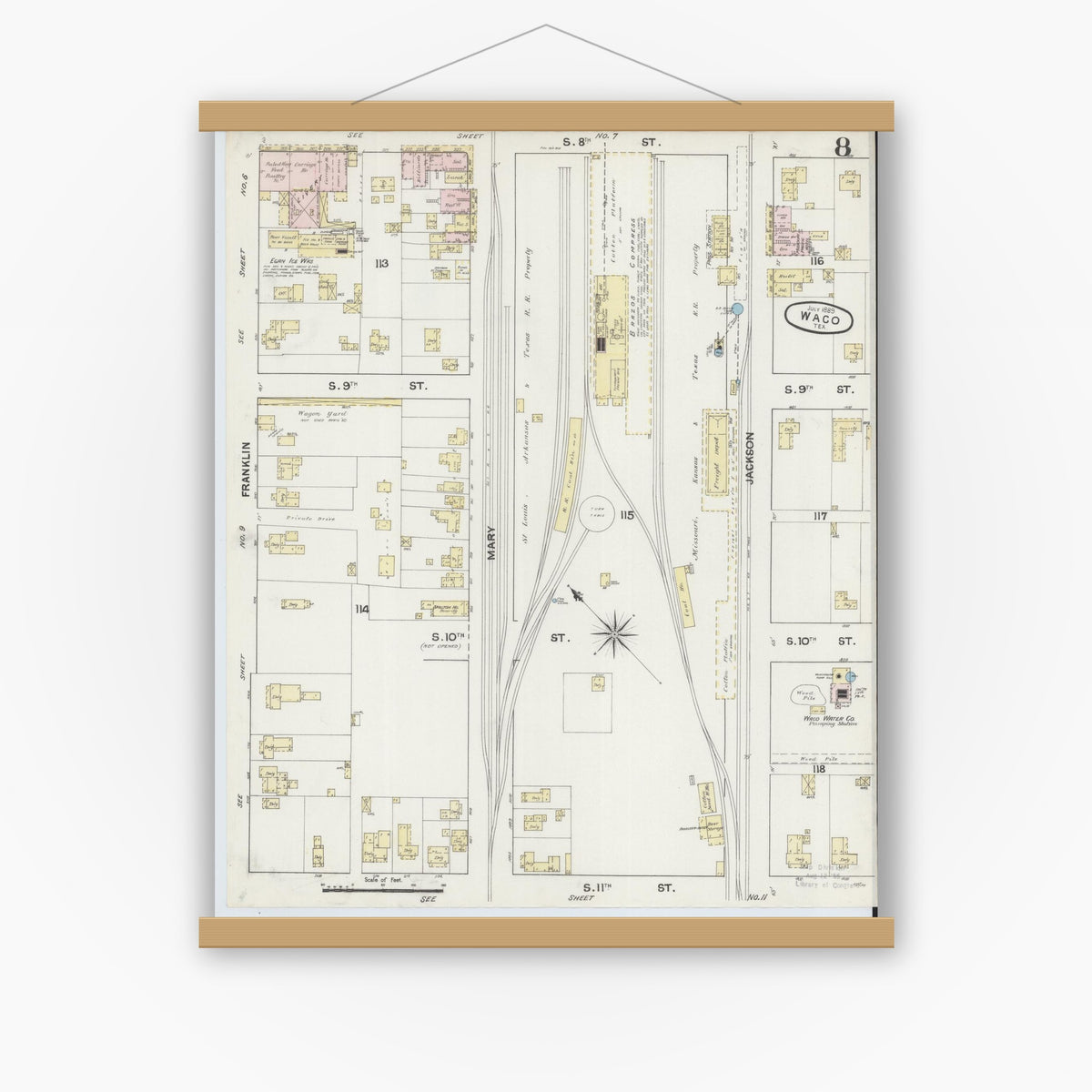 Old map wall art mockup — magnetic wood frame on white wall — Sanborn Fire Insurance Map from Waco, McLennan County, Texas (1889), Sheet #0008