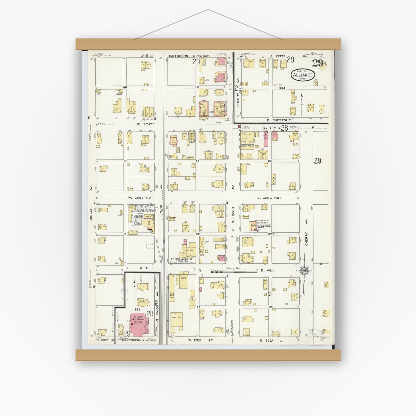Old map wall art mockup — magnetic wood frame on white wall — Sanborn Fire Insurance Map from Alliance, Stark County, Ohio (1911), Sheet #0029