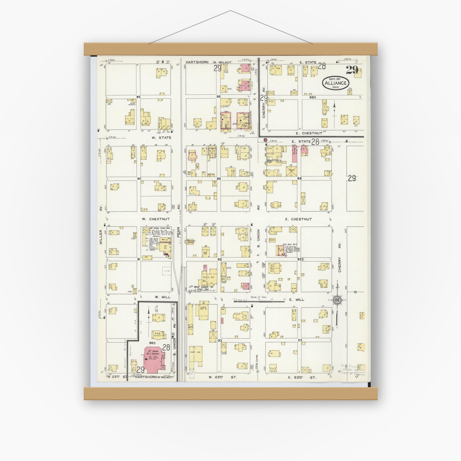 Old map wall art mockup — magnetic wood frame on white wall — Sanborn Fire Insurance Map from Alliance, Stark County, Ohio (1911), Sheet #0029