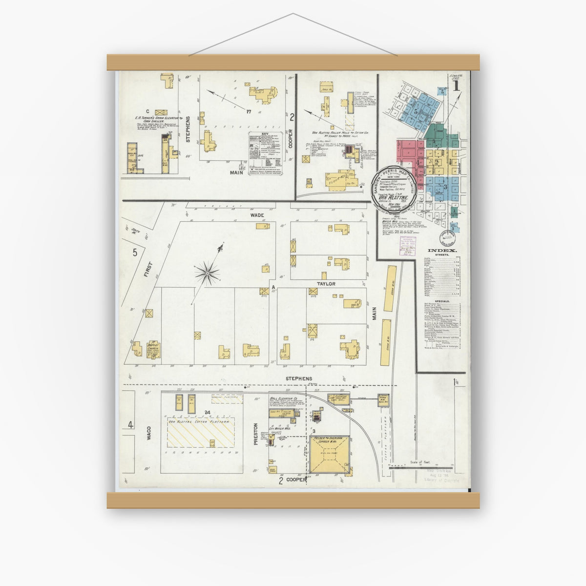 Old map wall art mockup — magnetic wood frame on white wall — Sanborn Fire Insurance Map from Van Alstyne, Grayson County, Texas (1901), Sheet #0001