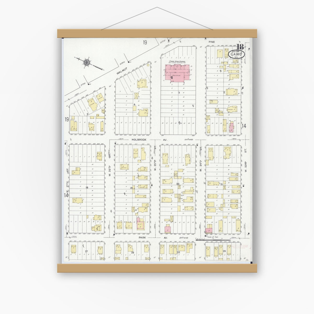 Old map wall art mockup — magnetic wood frame on white wall — Sanborn Fire Insurance Map from Cairo, Alexander County, Illinois (1914), Sheet #0018