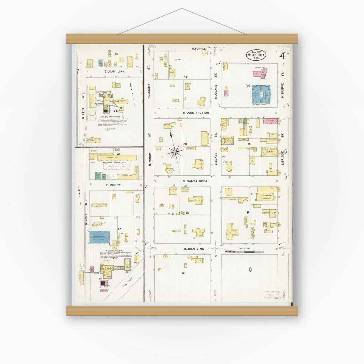 Old map wall art mockup — magnetic wood frame on white wall — Sanborn Fire Insurance Map from Victoria, Victoria County, Texas (1907), Sheet #0004