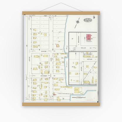 Old map wall art mockup — magnetic wood frame on white wall — Sanborn Fire Insurance Map from Menominee, Menominee County, Michigan (1921), Sheet #0009