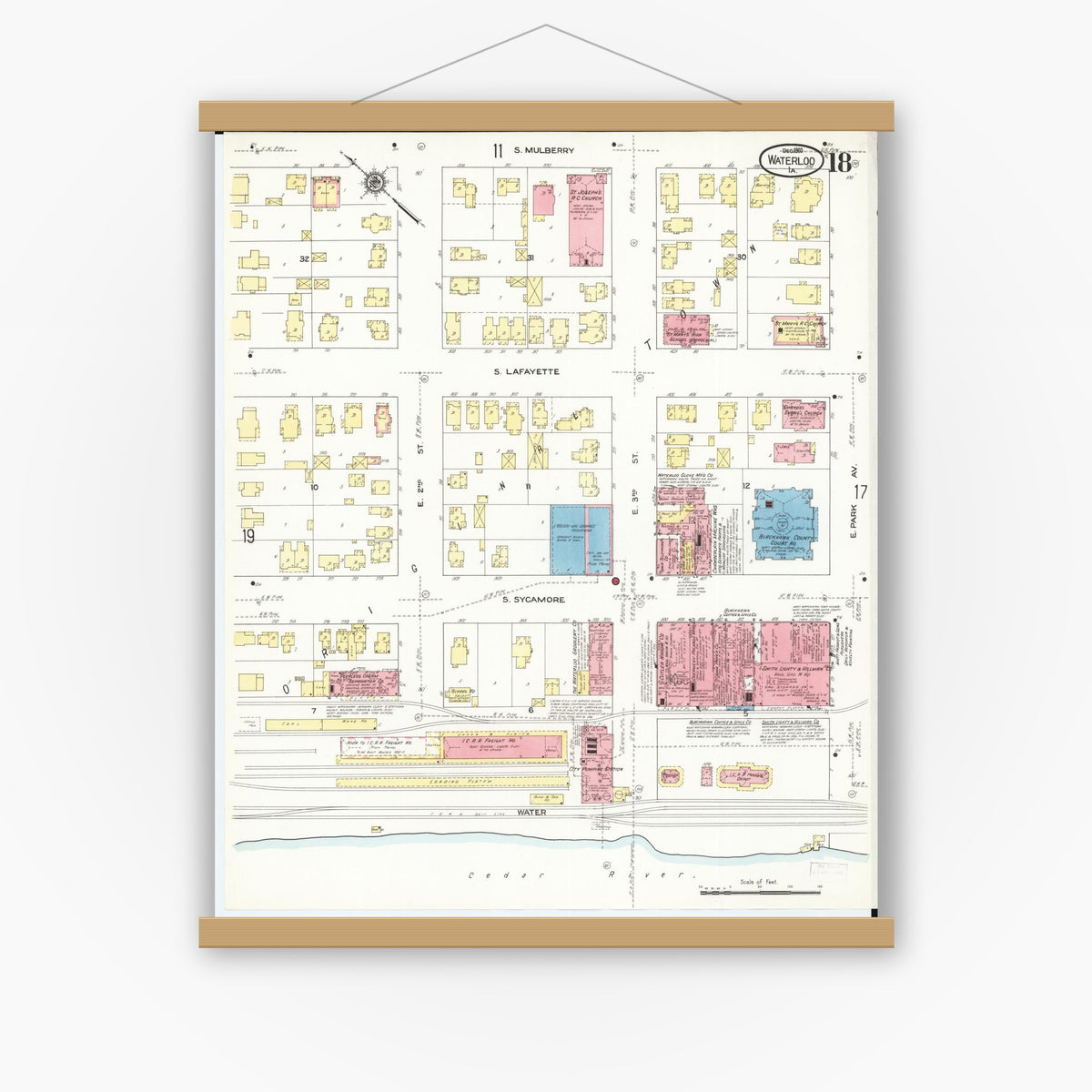 Old map wall art mockup — magnetic wood frame on white wall — Sanborn Fire Insurance Map from Waterloo, Black Hawk County, Iowa (1910), Sheet #0018