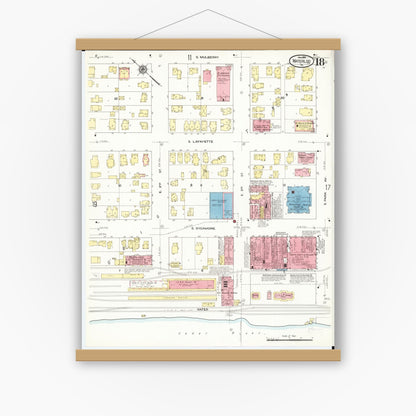 Old map wall art mockup — magnetic wood frame on white wall — Sanborn Fire Insurance Map from Waterloo, Black Hawk County, Iowa (1910), Sheet #0018
