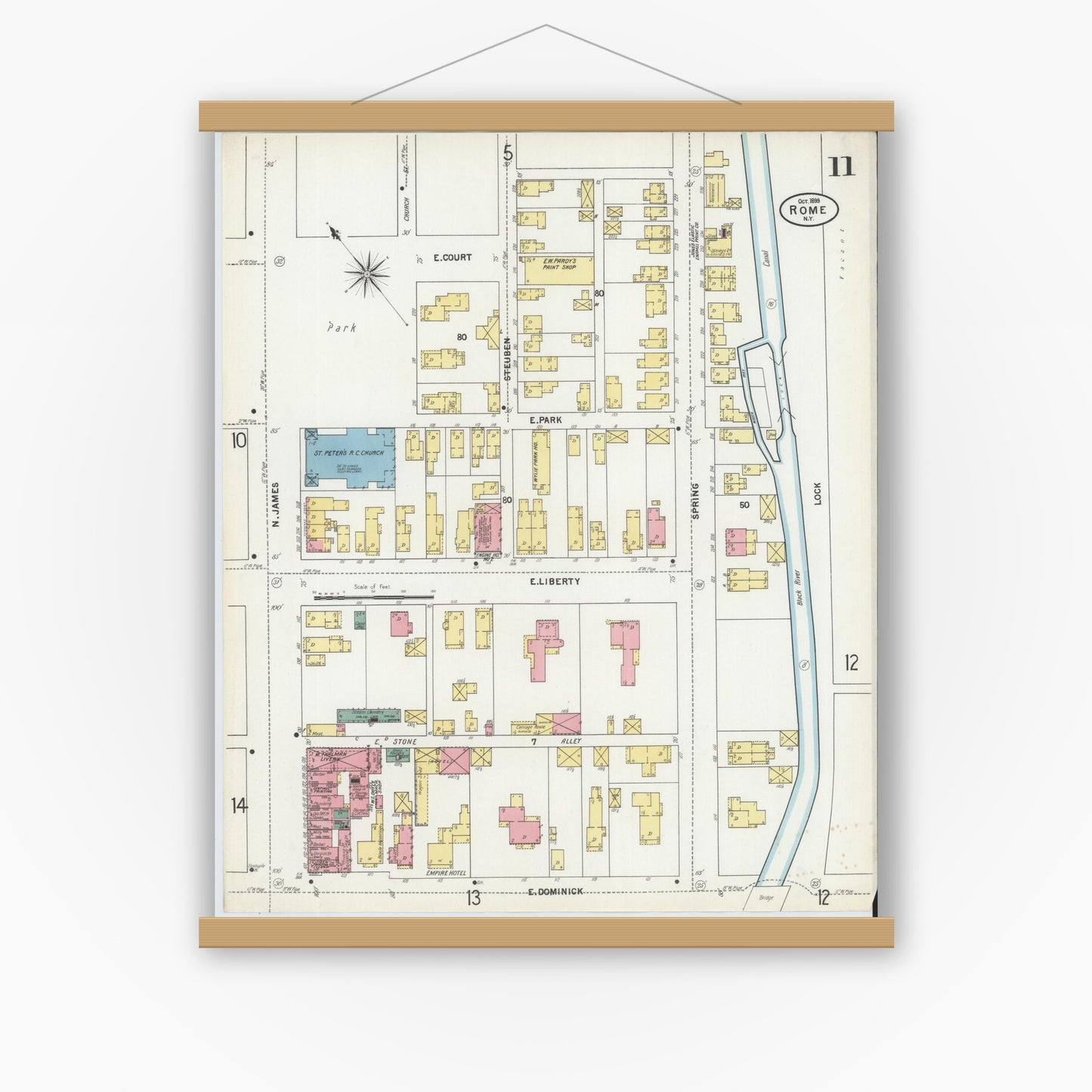 Old map wall art mockup — magnetic wood frame on white wall — Sanborn Fire Insurance Map from Rome, Oneida County, New York (1899), Sheet #0011