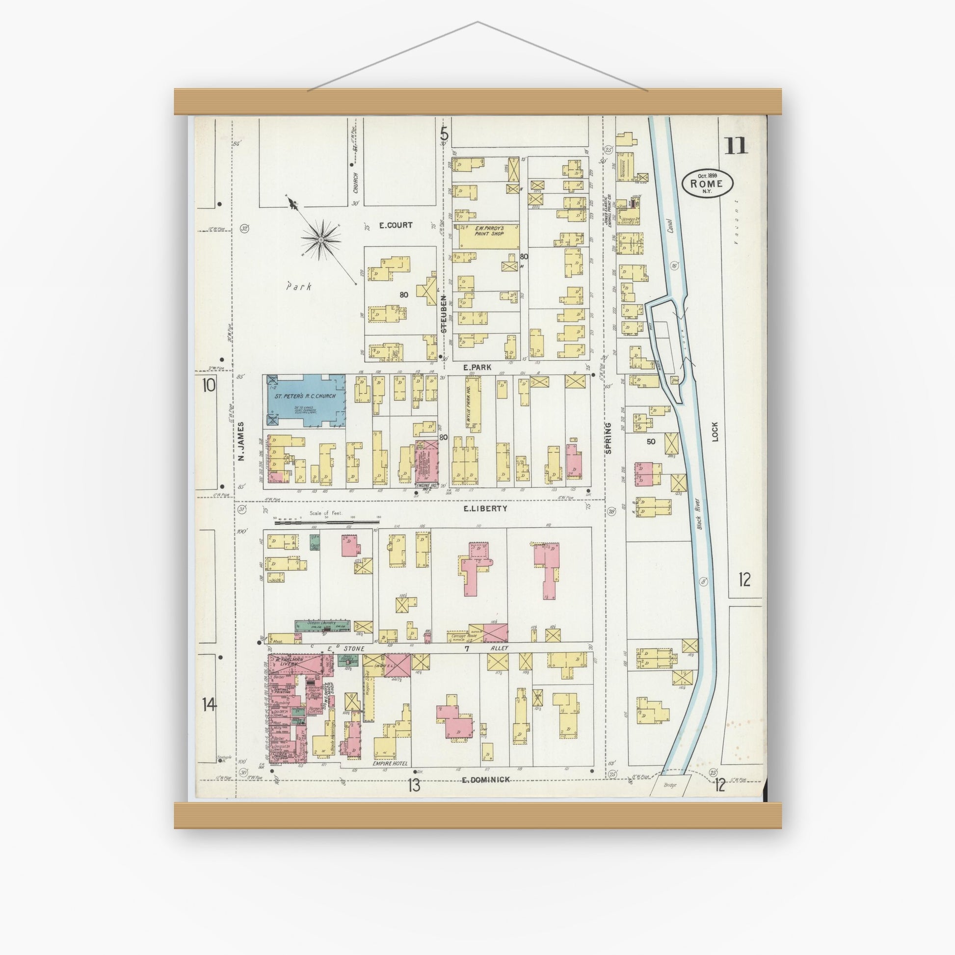 Old map wall art mockup — magnetic wood frame on white wall — Sanborn Fire Insurance Map from Rome, Oneida County, New York (1899), Sheet #0011