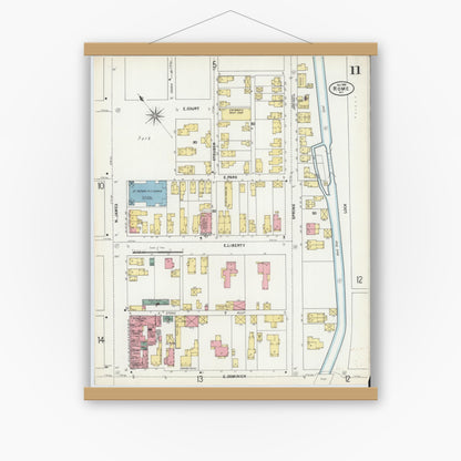 Old map wall art mockup — magnetic wood frame on white wall — Sanborn Fire Insurance Map from Rome, Oneida County, New York (1899), Sheet #0011