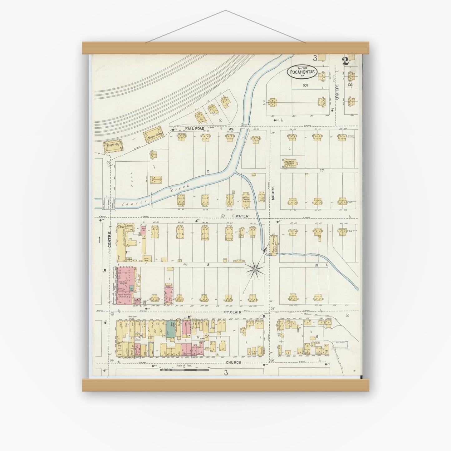 Old map wall art mockup — magnetic wood frame on white wall — Sanborn Fire Insurance Map from Pocahontas, Tazewell County, Virginia (1898), Sheet #0002