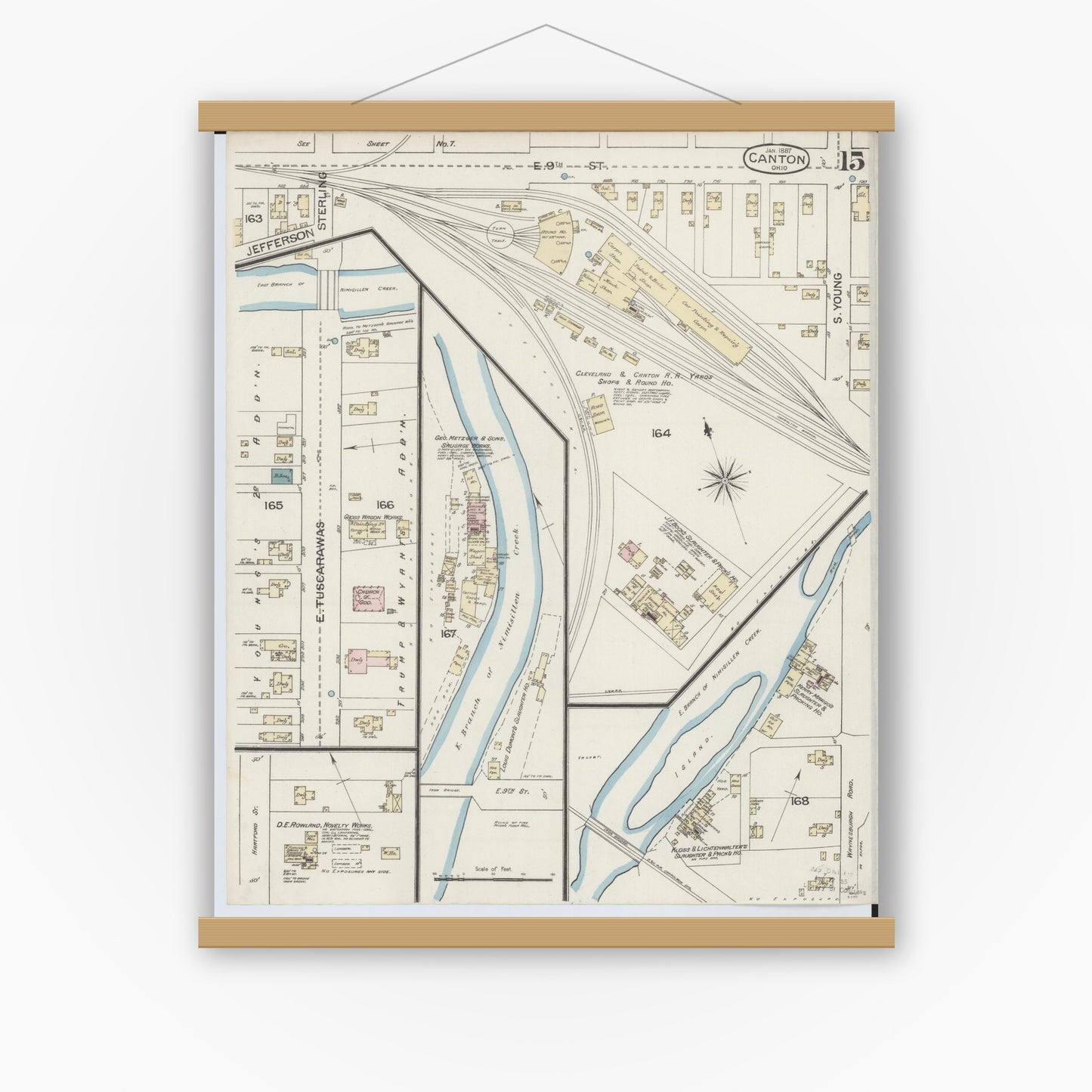 Old map wall art mockup — magnetic wood frame on white wall — Sanborn Fire Insurance Map from Canton, Stark County, Ohio (1887), Sheet #0015