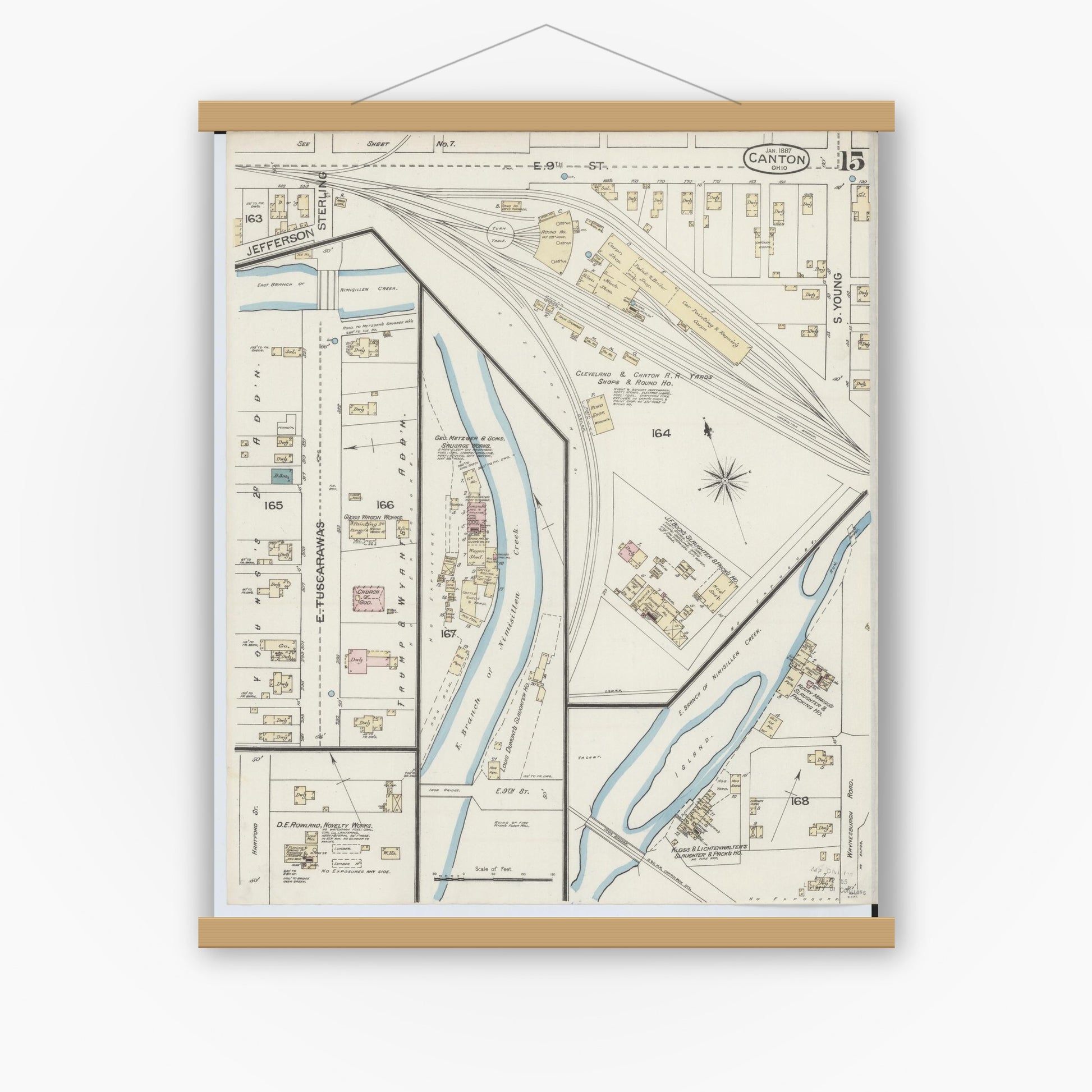 Old map wall art mockup — magnetic wood frame on white wall — Sanborn Fire Insurance Map from Canton, Stark County, Ohio (1887), Sheet #0015