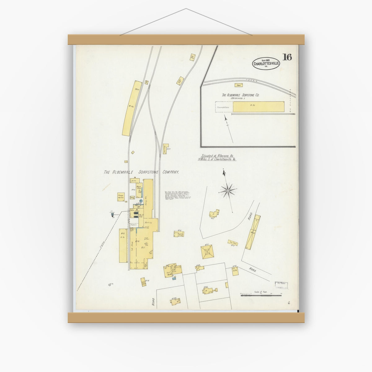 Old map wall art mockup — magnetic wood frame on white wall — Sanborn Fire Insurance Map from Charlottesville, Independent Cities, Virginia (1902), Sheet #0016