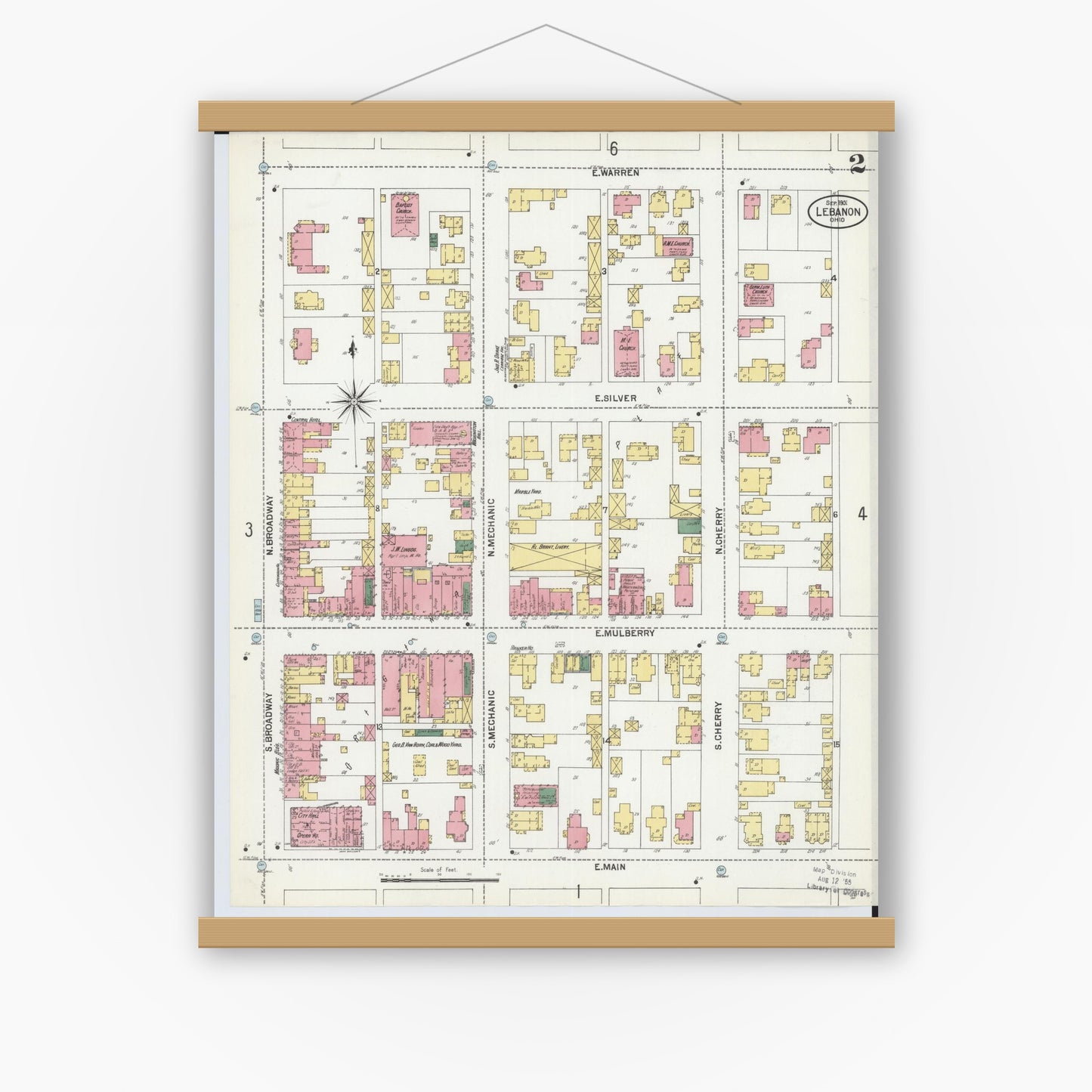 Old map wall art mockup — magnetic wood frame on white wall — Sanborn Fire Insurance Map from Lebanon, Warren County, Ohio (1901), Sheet #0002