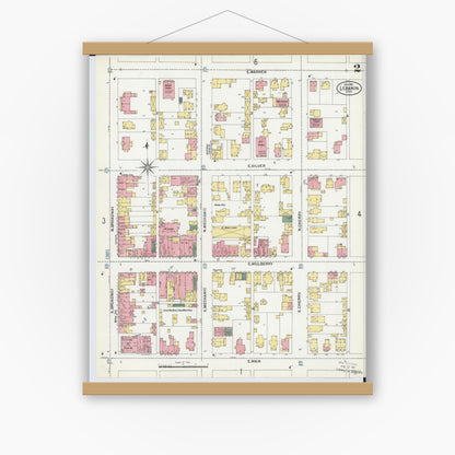 Old map wall art mockup — magnetic wood frame on white wall — Sanborn Fire Insurance Map from Lebanon, Warren County, Ohio (1901), Sheet #0002