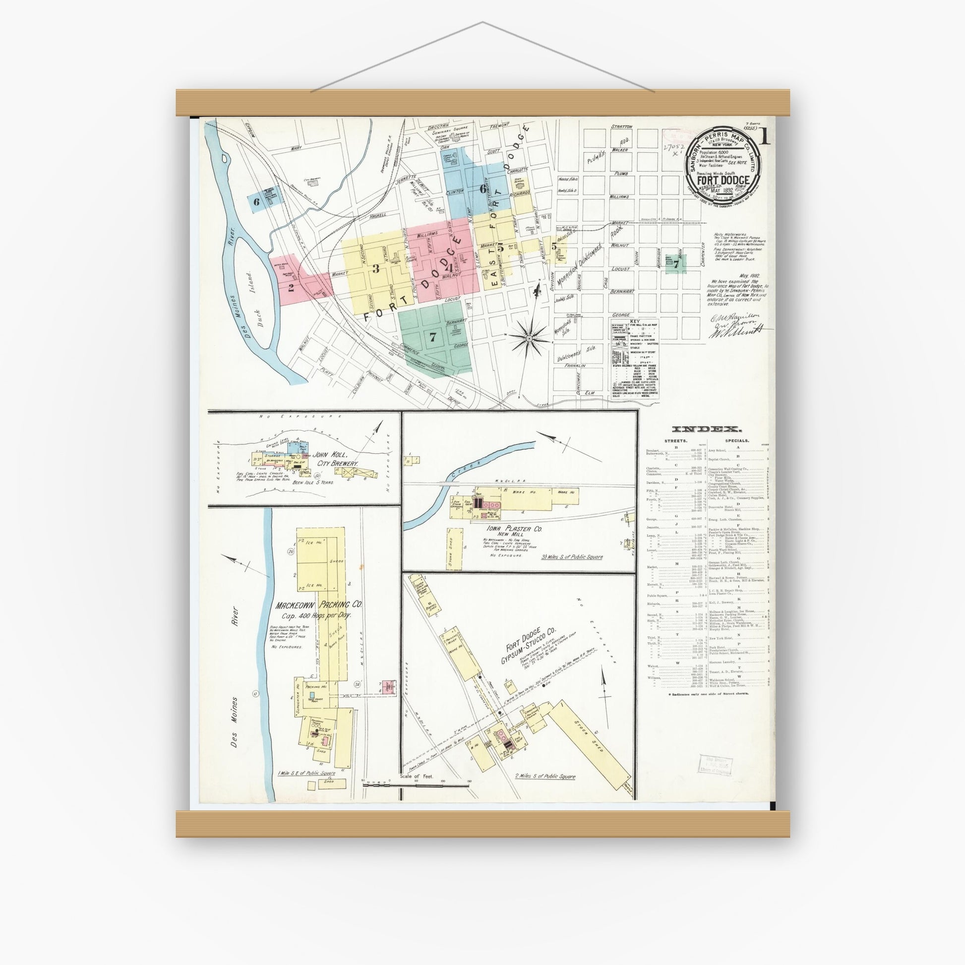 Old map wall art mockup — magnetic wood frame on white wall — Sanborn Fire Insurance Map from Fort Dodge, Webster County, Iowa (1892) â€” Complete Set