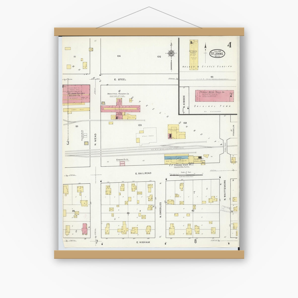 Old map wall art mockup — magnetic wood frame on white wall — Sanborn Fire Insurance Map from Saint Johns, Clinton County, Michigan (1918), Sheet #0004