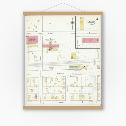 Old map wall art mockup — magnetic wood frame on white wall — Sanborn Fire Insurance Map from Saint Johns, Clinton County, Michigan (1918), Sheet #0004