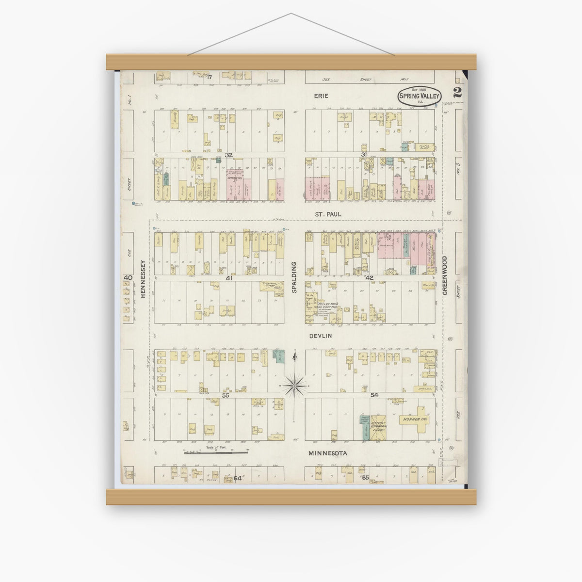 Old map wall art mockup — magnetic wood frame on white wall — Sanborn Fire Insurance Map from Spring Valley, Bureau County, Illinois (1888), Sheet #0002