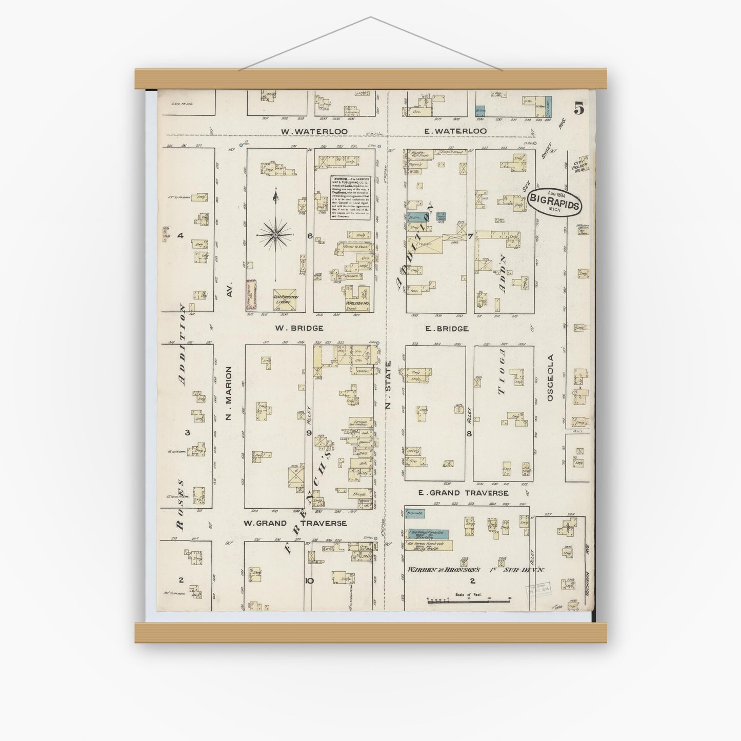 Old map wall art mockup — magnetic wood frame on white wall — Sanborn Fire Insurance Map from Big Rapids, Mecosta County, Michigan (1884), Sheet #0005