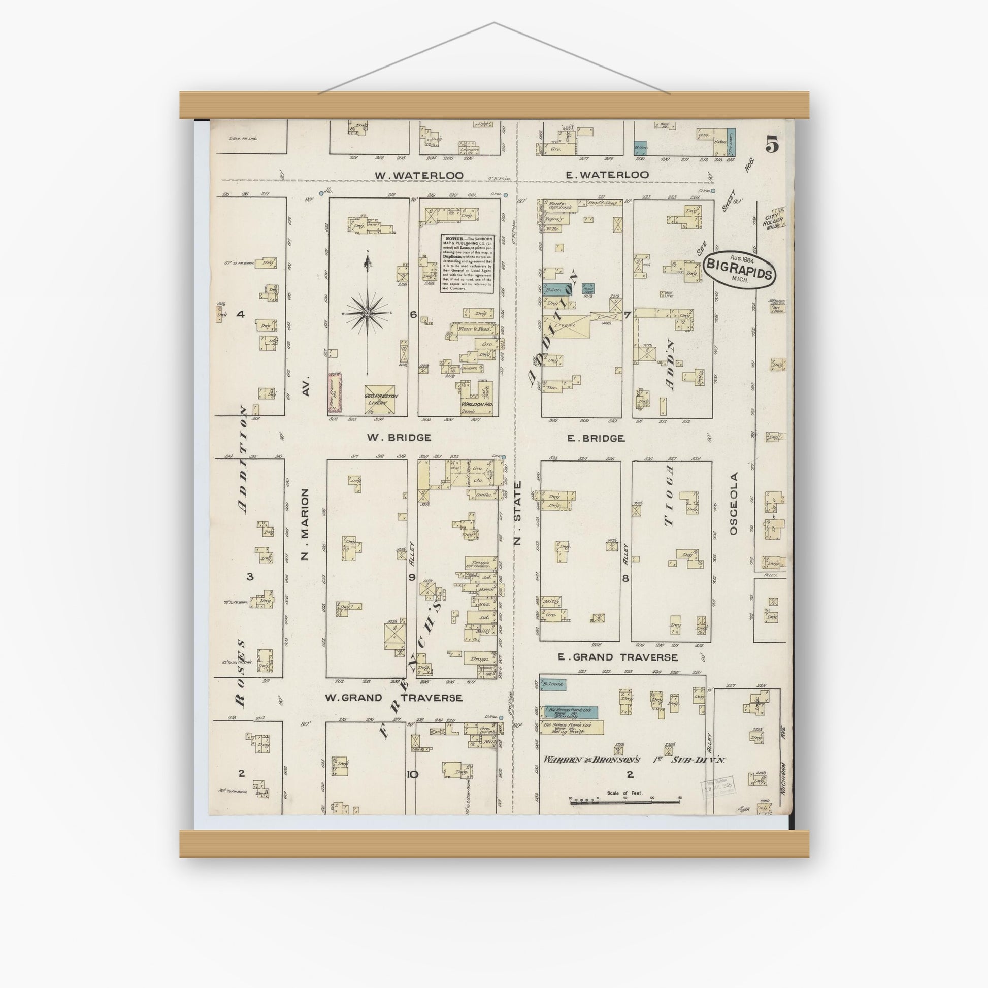 Old map wall art mockup — magnetic wood frame on white wall — Sanborn Fire Insurance Map from Big Rapids, Mecosta County, Michigan (1884), Sheet #0005