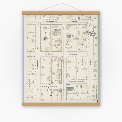 Old map wall art mockup — magnetic wood frame on white wall — Sanborn Fire Insurance Map from Big Rapids, Mecosta County, Michigan (1884), Sheet #0005