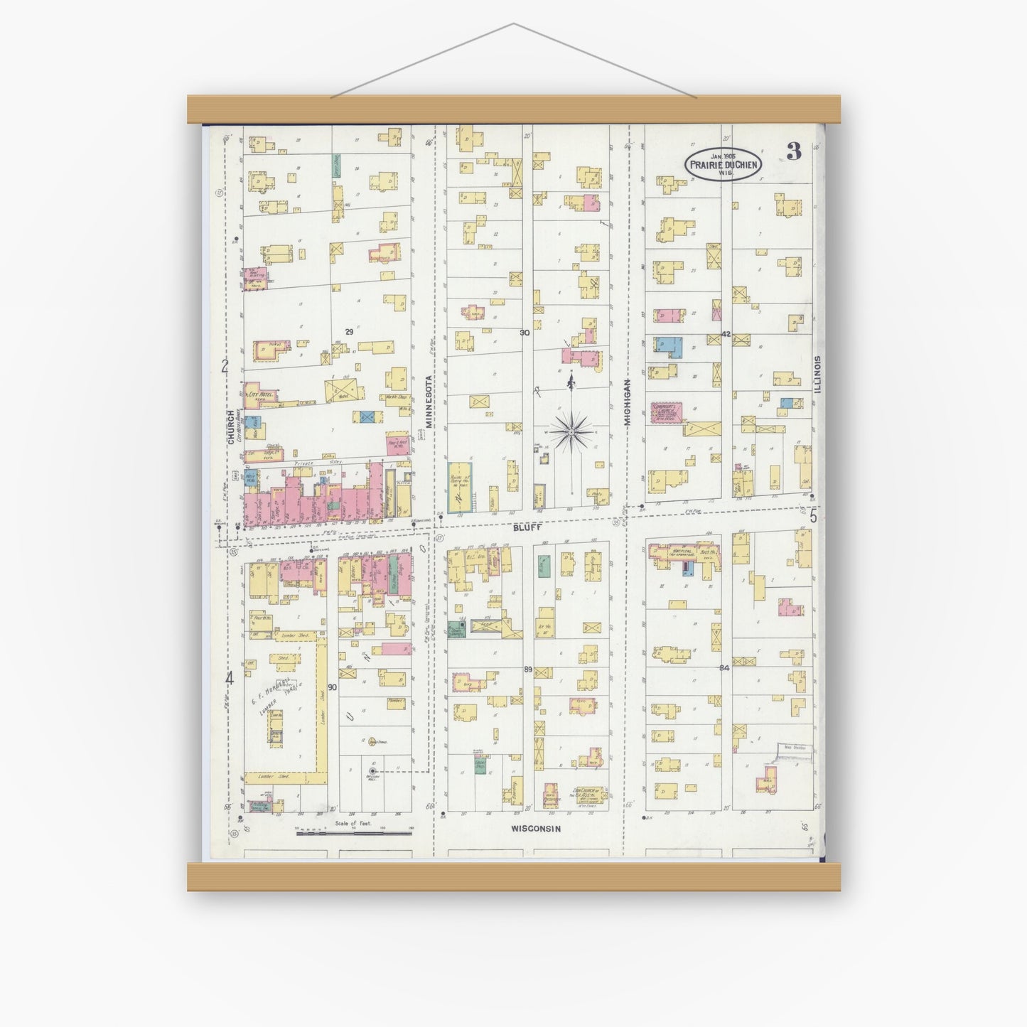Old map wall art mockup — magnetic wood frame on white wall — Sanborn Fire Insurance Map from Prairie du Chien, Crawford County, Wisconsin (1905), Sheet #0003