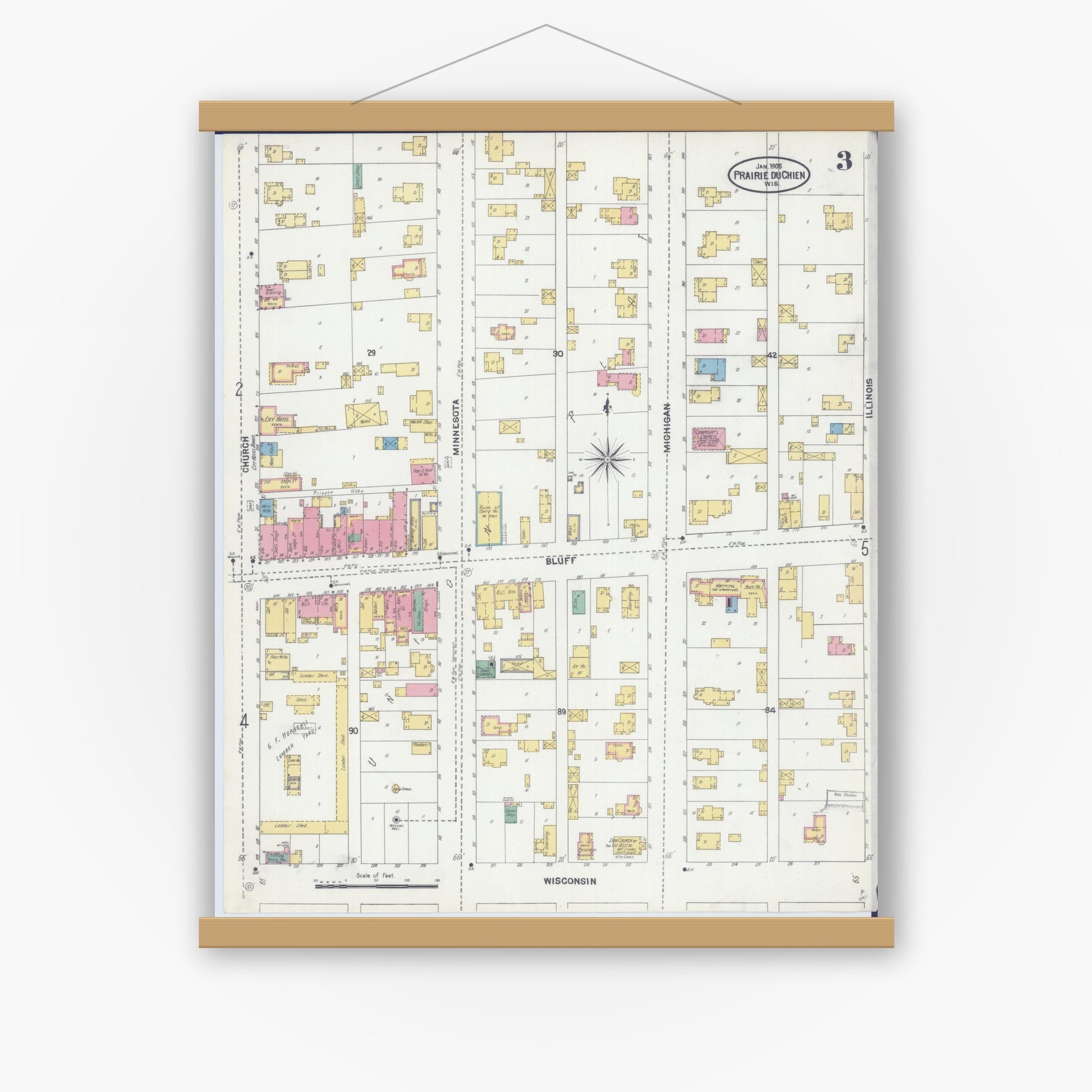 Old map wall art mockup — magnetic wood frame on white wall — Sanborn Fire Insurance Map from Prairie du Chien, Crawford County, Wisconsin (1905), Sheet #0003