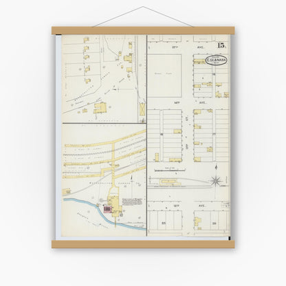 Old map wall art mockup — magnetic wood frame on white wall — Sanborn Fire Insurance Map from Escanaba, Delta County, Michigan (1893), Sheet #0015