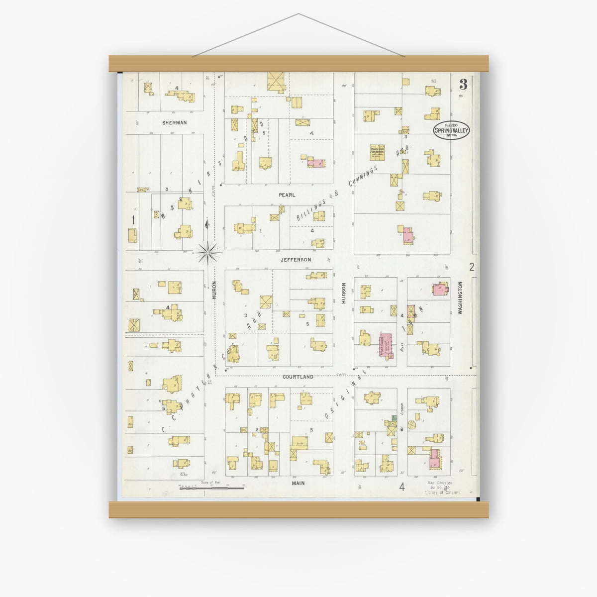 Old map wall art mockup — magnetic wood frame on white wall — Sanborn Fire Insurance Map from Spring Valley, Fillmore County, Minnesota (1900), Sheet #0003
