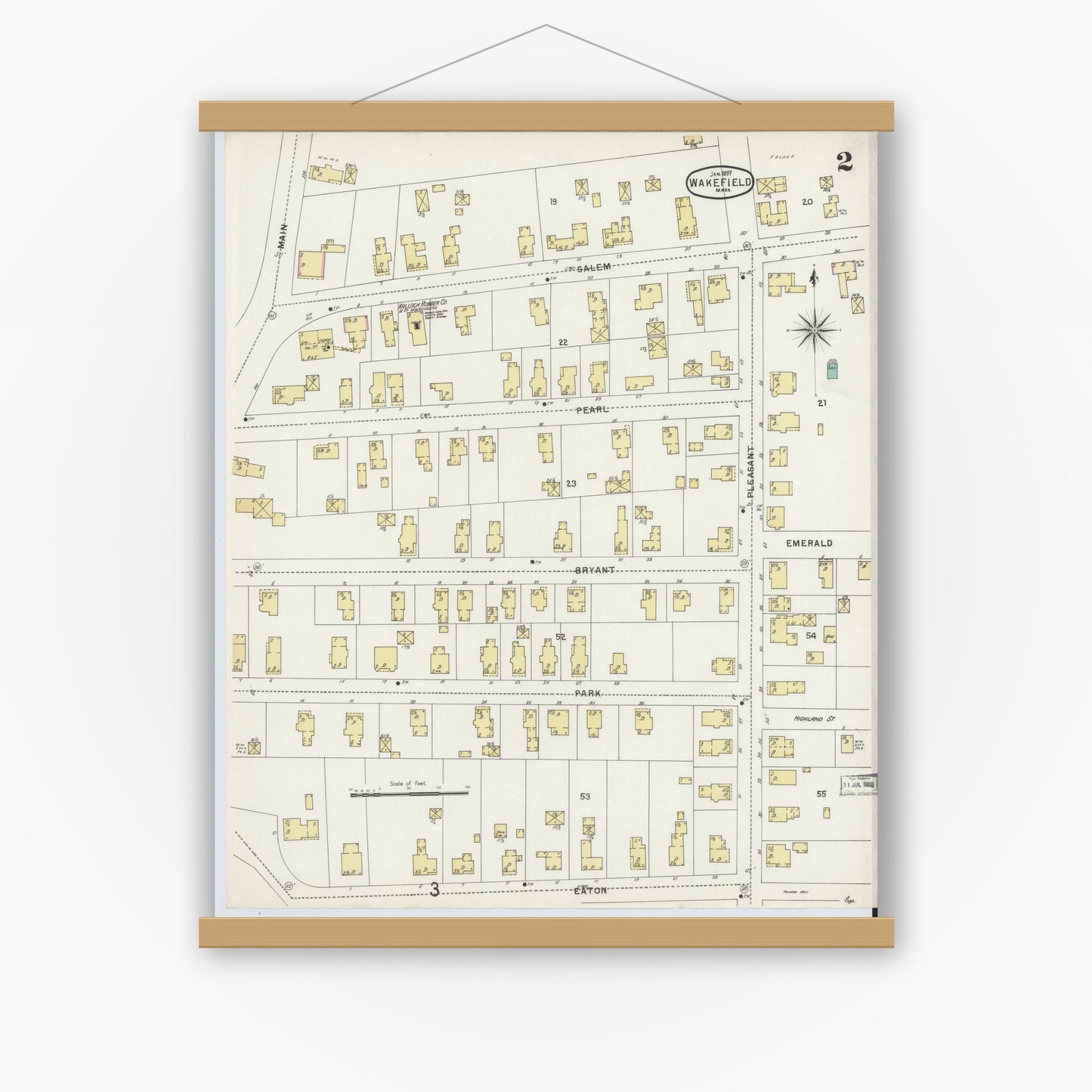 Old map wall art mockup — magnetic wood frame on white wall — Sanborn Fire Insurance Map from Wakefield, Middlesex County, Massachusetts (1897), Sheet #0002