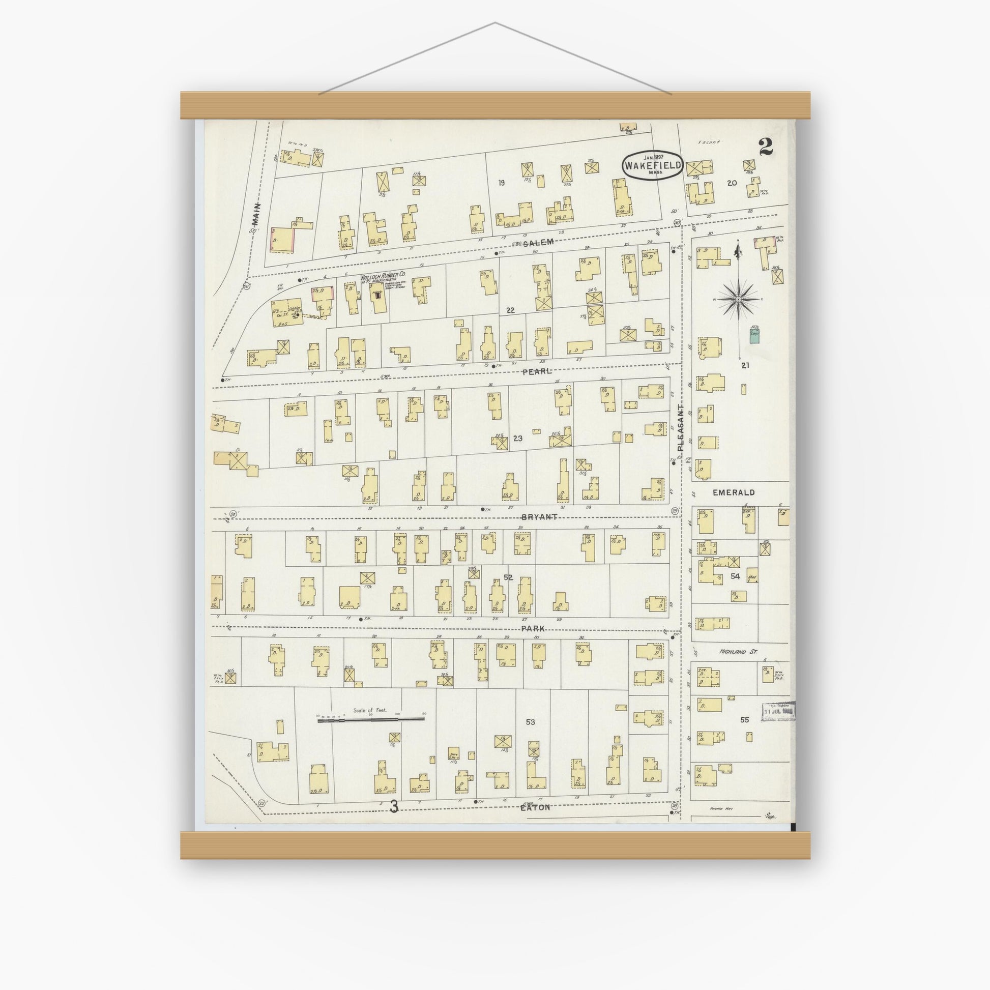 Old map wall art mockup — magnetic wood frame on white wall — Sanborn Fire Insurance Map from Wakefield, Middlesex County, Massachusetts (1897), Sheet #0002