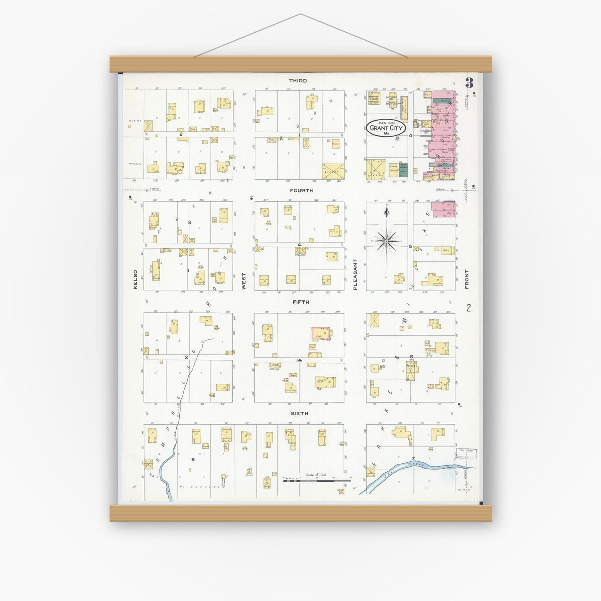 Old map wall art mockup — magnetic wood frame on white wall — Sanborn Fire Insurance Map from Grant City, Worth County, Missouri (1909), Sheet #0003
