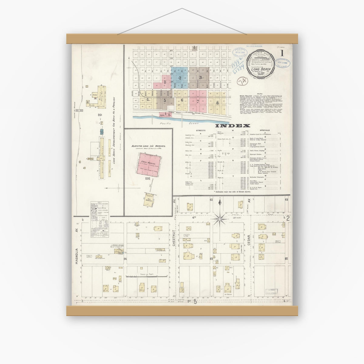 Old map wall art mockup — magnetic wood frame on white wall — Sanborn Fire Insurance Map from Long Beach, Los Angeles County, California (1898) - Complete Map Set