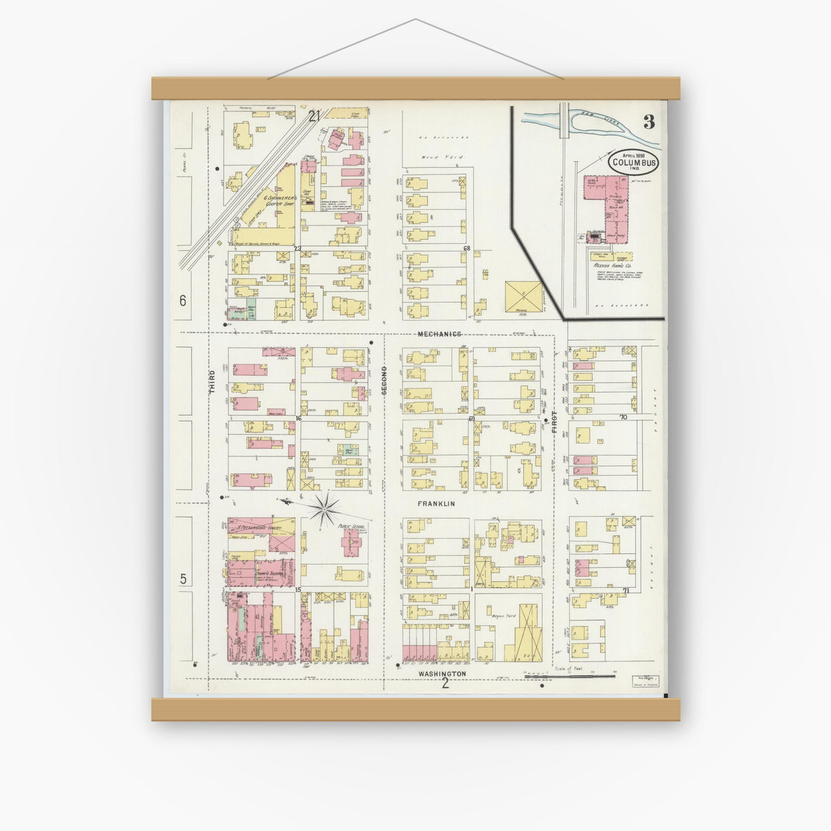Old map wall art mockup — magnetic wood frame on white wall — Sanborn Fire Insurance Map from Columbus, Bartholomew County, Indiana (1898), Sheet #0003