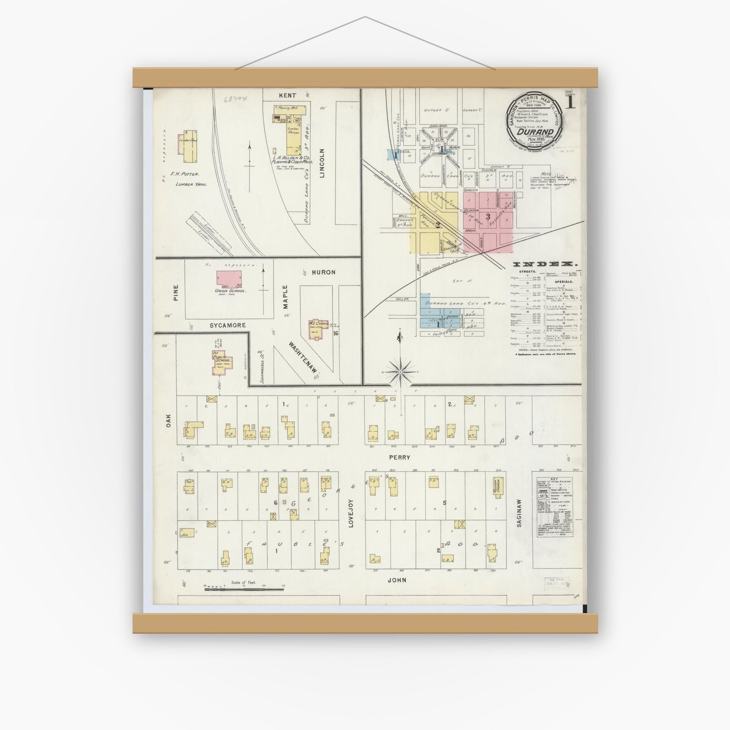 Old map wall art mockup — magnetic wood frame on white wall — Sanborn Fire Insurance Map from Durand, Shiawassee County, Michigan (1896) - Complete Map Set