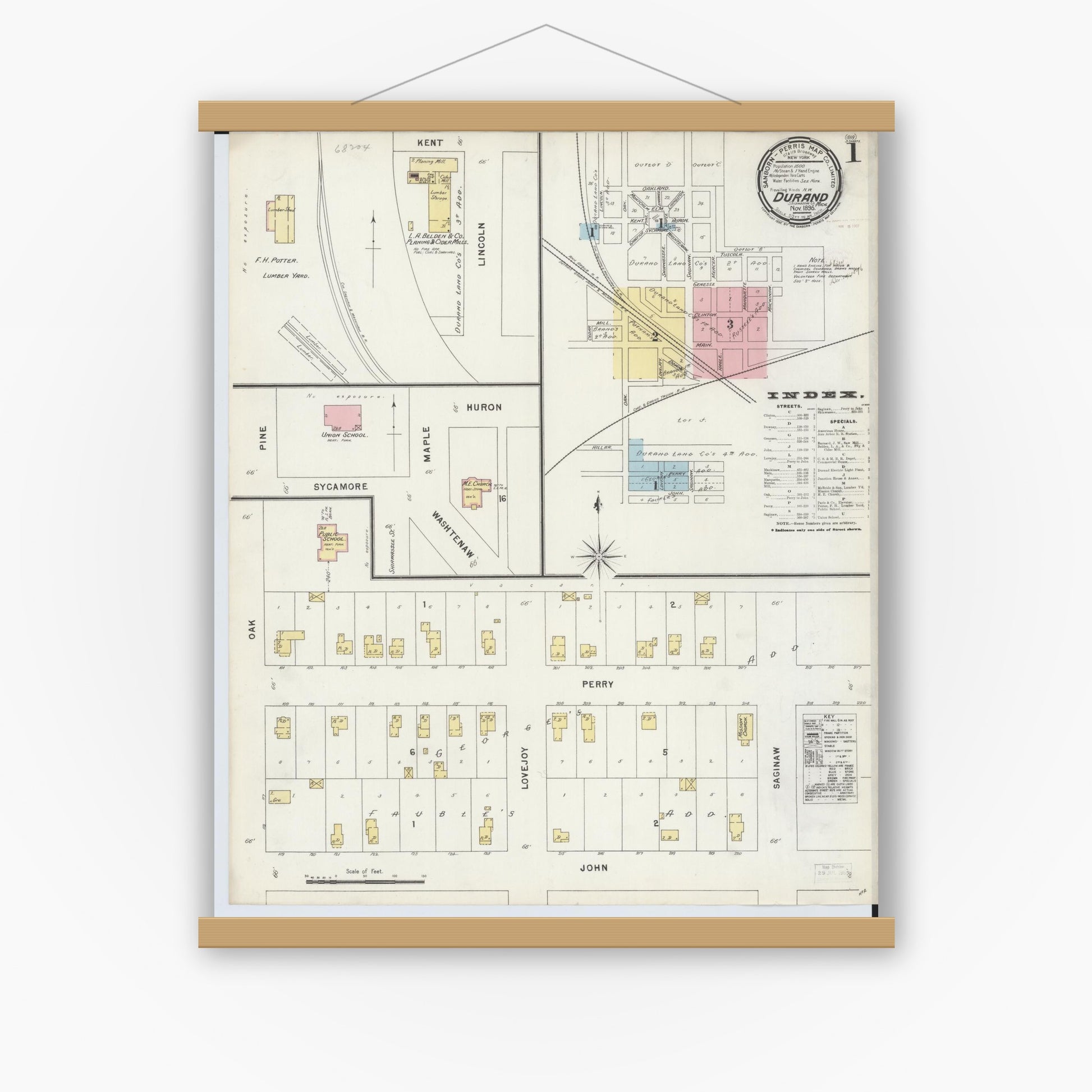 Old map wall art mockup — magnetic wood frame on white wall — Sanborn Fire Insurance Map from Durand, Shiawassee County, Michigan (1896) - Complete Map Set
