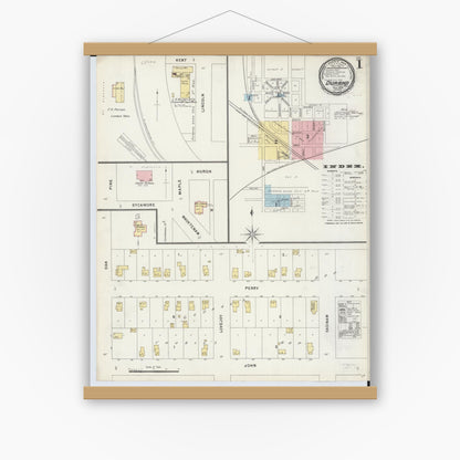 Old map wall art mockup — magnetic wood frame on white wall — Sanborn Fire Insurance Map from Durand, Shiawassee County, Michigan (1896) - Complete Map Set