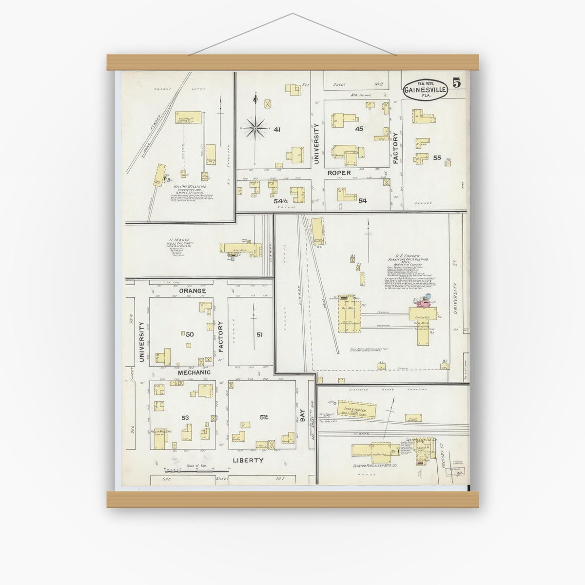 Old map wall art mockup — magnetic wood frame on white wall — Sanborn Fire Insurance Map from Gainesville, Alachua County, Florida (1892), Sheet #0005
