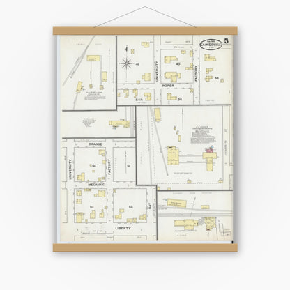 Old map wall art mockup — magnetic wood frame on white wall — Sanborn Fire Insurance Map from Gainesville, Alachua County, Florida (1892), Sheet #0005