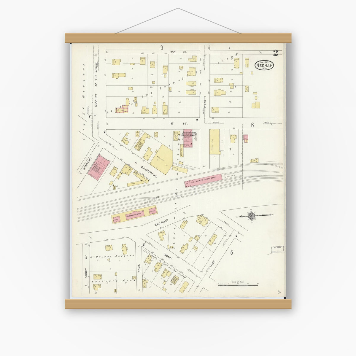 Old map wall art mockup — magnetic wood frame on white wall — Sanborn Fire Insurance Map from Neenah, Winnebago County, Wisconsin (1913), Sheet #0002