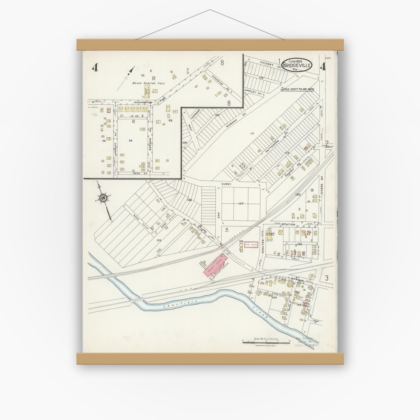 Old map wall art mockup — magnetic wood frame on white wall — Sanborn Fire Insurance Map from Bridgeville, Allegheny County, Pennsylvania (1924), Sheet #0004