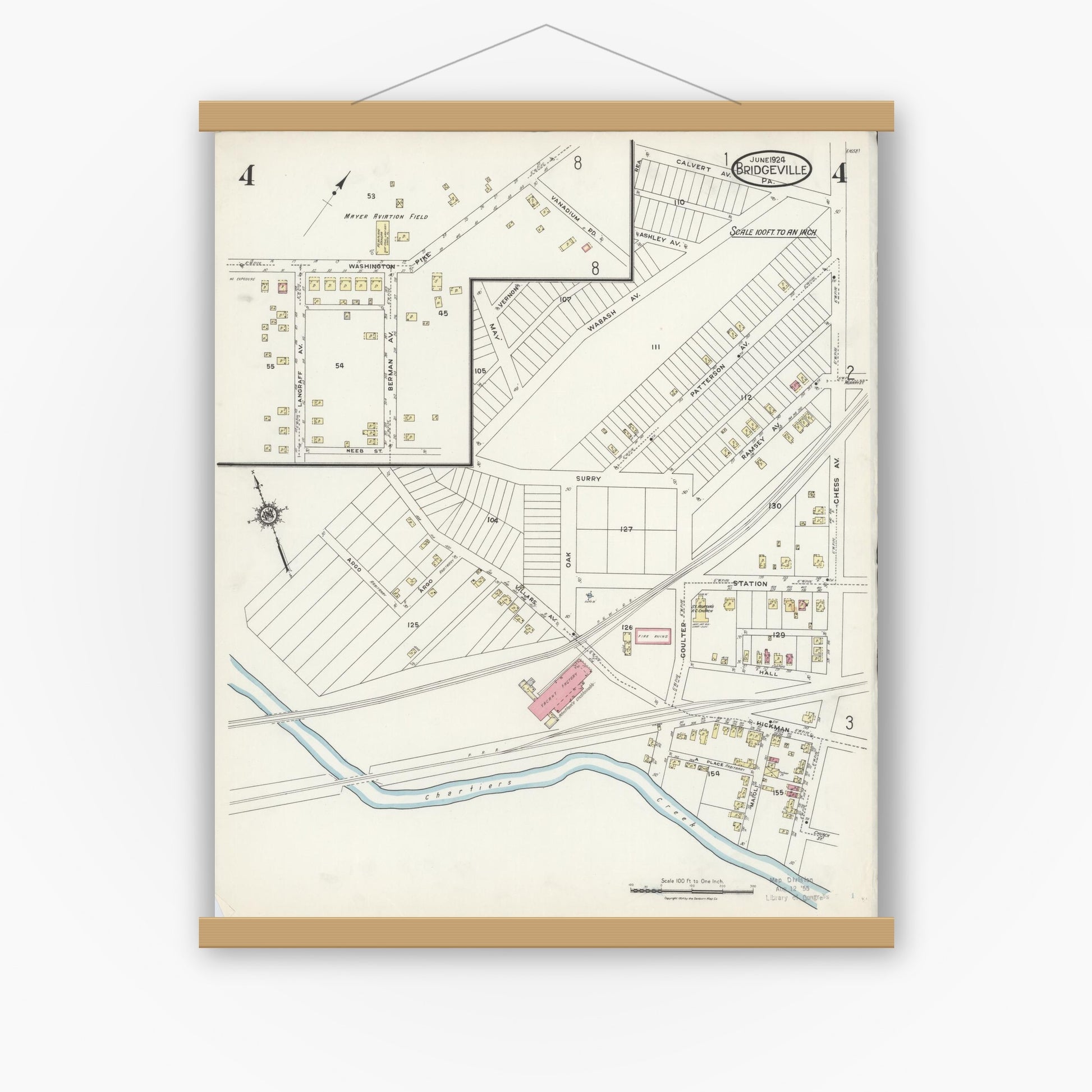 Old map wall art mockup — magnetic wood frame on white wall — Sanborn Fire Insurance Map from Bridgeville, Allegheny County, Pennsylvania (1924), Sheet #0004