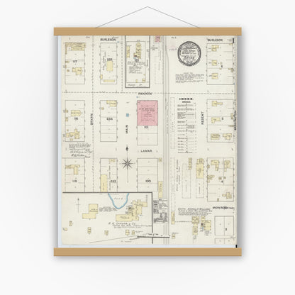 Old map wall art mockup — magnetic wood frame on white wall — Sanborn Fire Insurance Map from Bryan, Brazos County, Texas (1891), Sheet #0001
