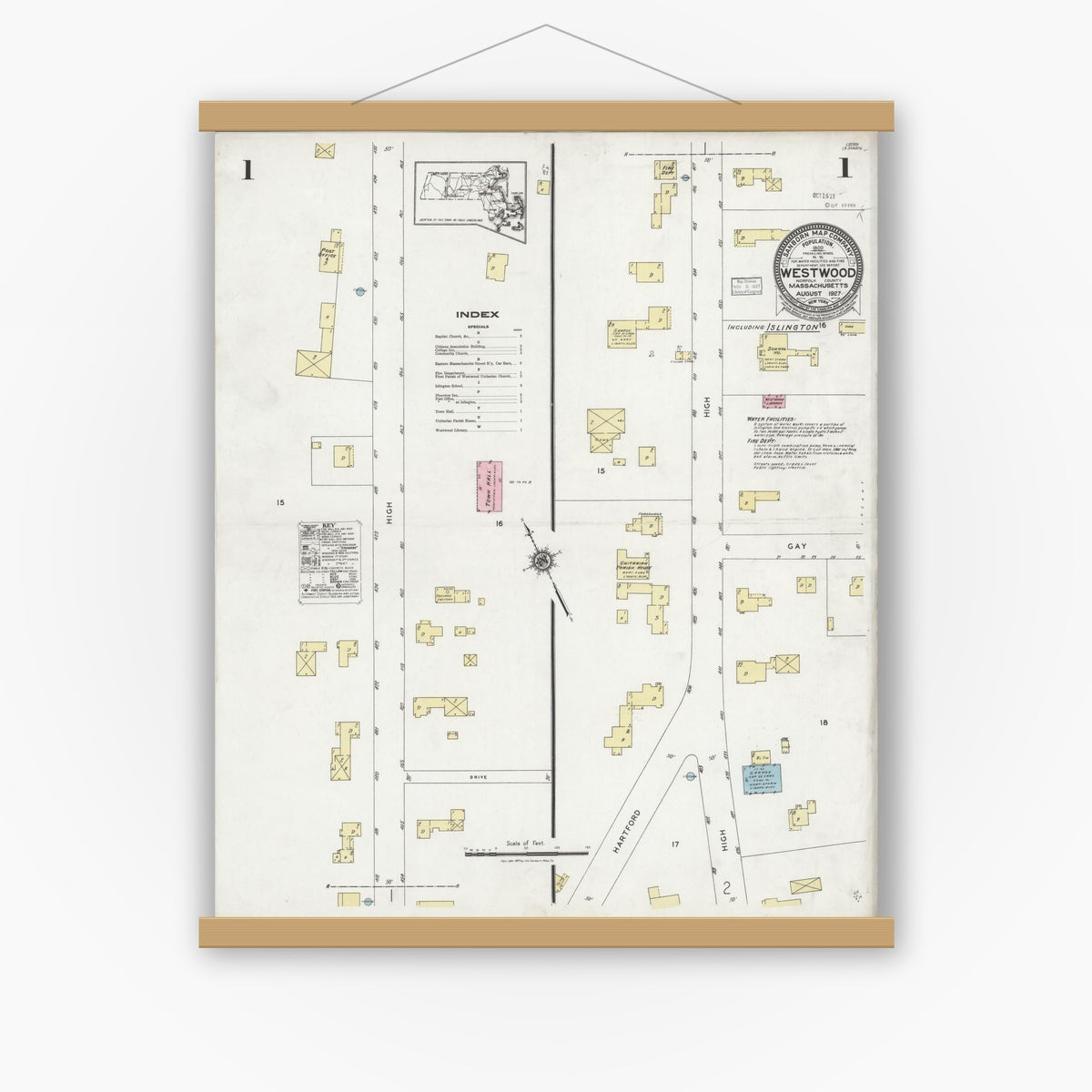 Old map wall art mockup — magnetic wood frame on white wall — Sanborn Fire Insurance Map from Westwood, Norfolk County, Massachusetts (1927), Sheet #0001