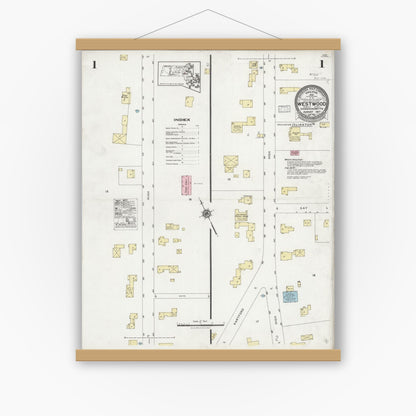 Old map wall art mockup — magnetic wood frame on white wall — Sanborn Fire Insurance Map from Westwood, Norfolk County, Massachusetts (1927), Sheet #0001
