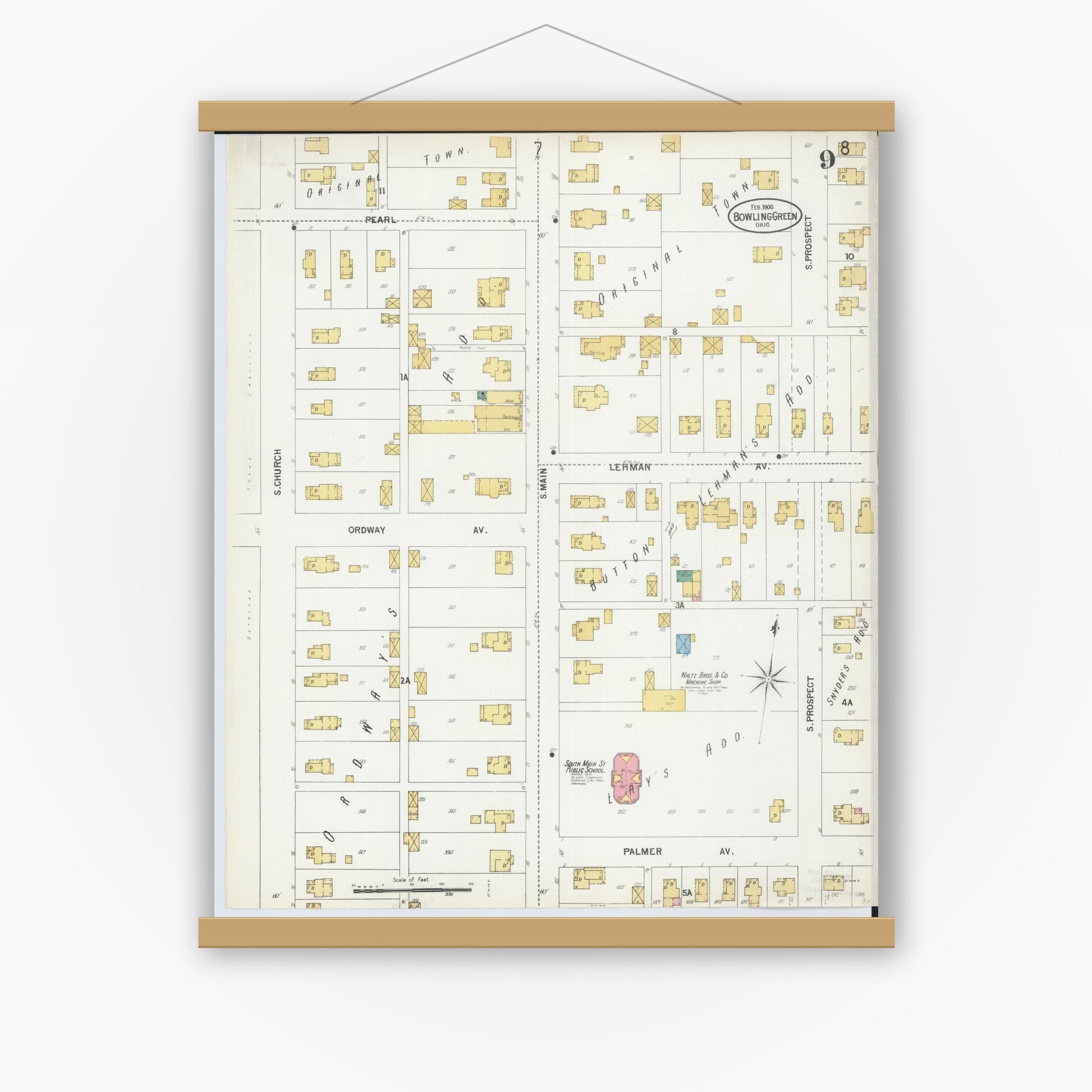 Old map wall art mockup — magnetic wood frame on white wall — Sanborn Fire Insurance Map from Bowling Green, Wood County, Ohio (1900), Sheet #0009