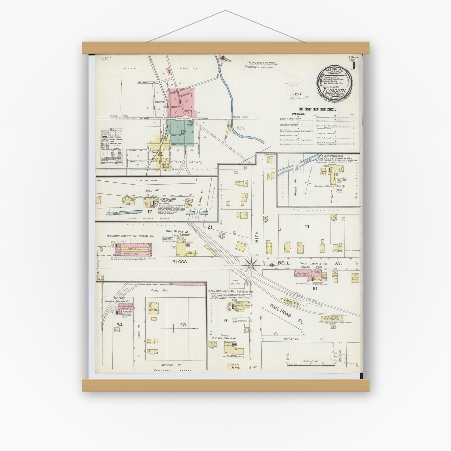 Old map wall art mockup — magnetic wood frame on white wall — Sanborn Fire Insurance Map from Plymouth, Huron And Richland Counties, Ohio (1893) - Complete Map Set
