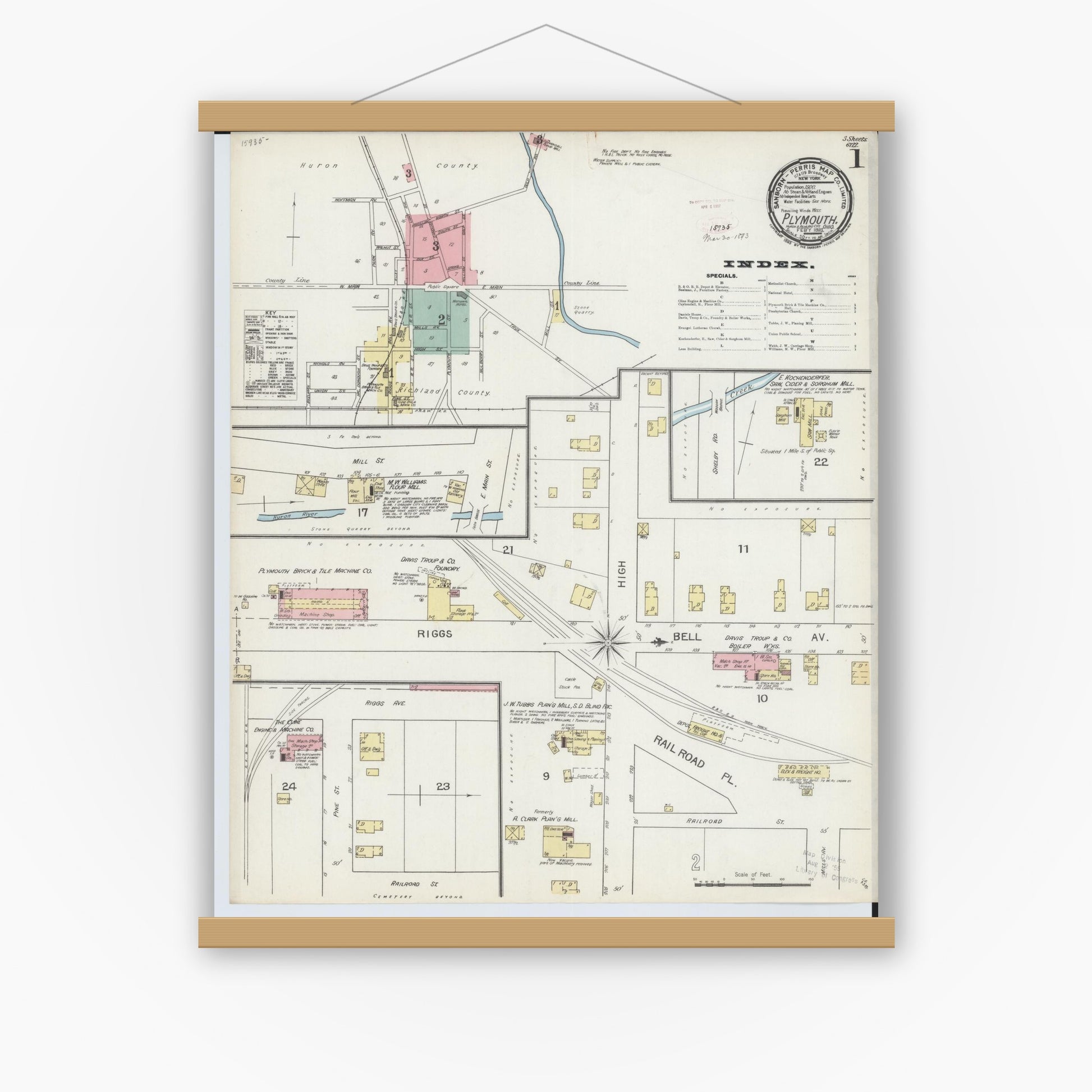 Old map wall art mockup — magnetic wood frame on white wall — Sanborn Fire Insurance Map from Plymouth, Huron And Richland Counties, Ohio (1893) - Complete Map Set