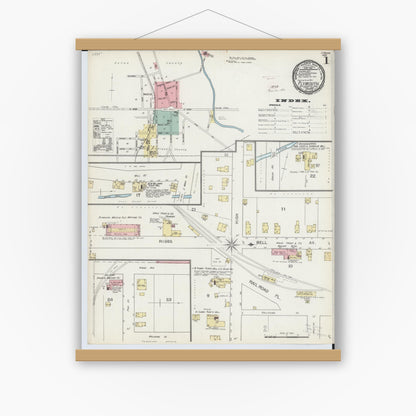 Old map wall art mockup — magnetic wood frame on white wall — Sanborn Fire Insurance Map from Plymouth, Huron And Richland Counties, Ohio (1893) - Complete Map Set